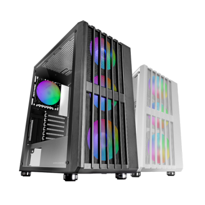 Dois gabinetes de computador, preto e branco, com ventoinhas RGB e painéis em grelha