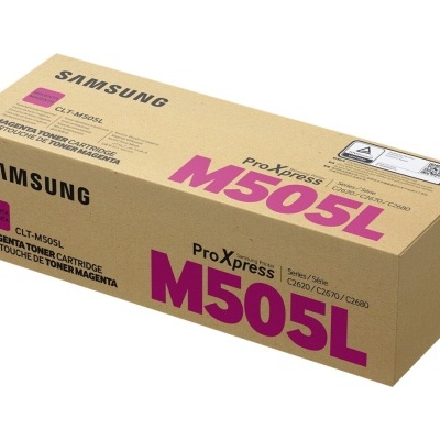 Caixa de toner Samsung ProXpress M505L em cartão castanho com texto a preto e roxo