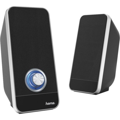 Par de colunas de computador Hama preto e prata com controlo de volume iluminado a azul