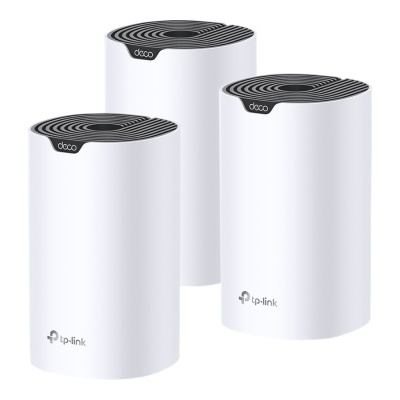 Conjunto de três routers mesh TP-Link Deco brancos com topo preto circular