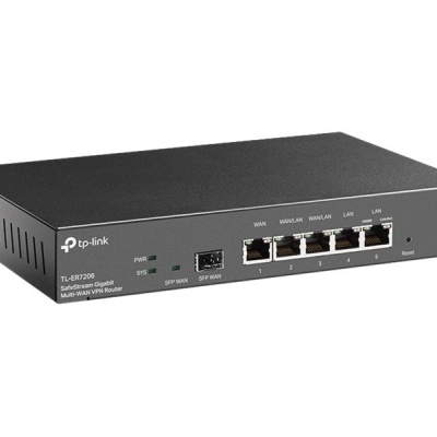 Roteador TP-Link TL-SF7206 preto com portas Ethernet e indicadores LED