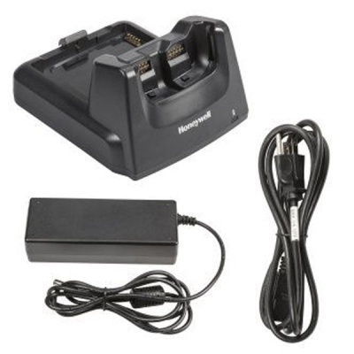 Base de carregamento Honeywell preta com cabos sobre fundo branco