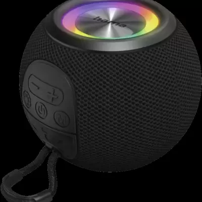 Coluna portátil preta esférica com luz led colorida e botões no lado