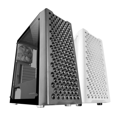 Caixas de computador preto e branco com painel frontal perfurado e ventoinha
