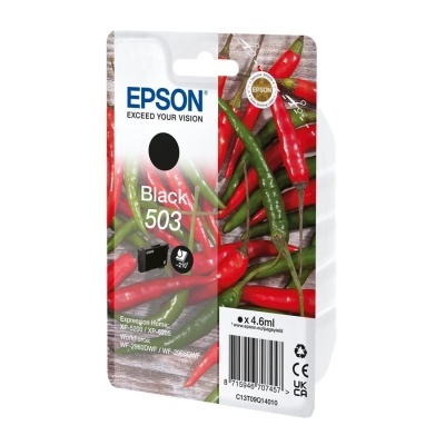 Embalagem de tinteiro Epson Black 503 com imagem de malaguetas vermelhas e verdes