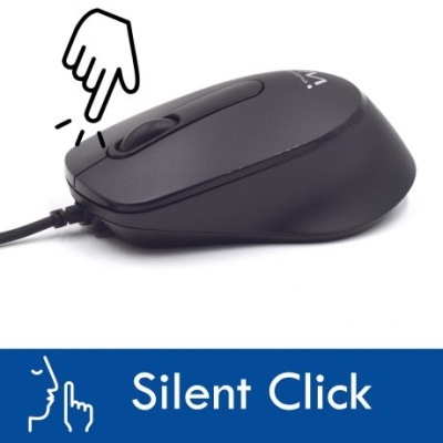Rato de computador preto com botão de scroll e texto 'Silent Click'