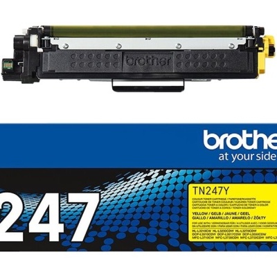 Cartucho de toner amarelo Brother TN247Y e sua embalagem azul e amarela