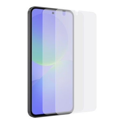 Telemóvel com ecrã colorido e duas películas transparentes ao lado sobre fundo branco.