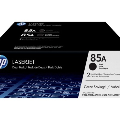 Embalagem preta e branca de toner HP LaserJet 85A para impressora
