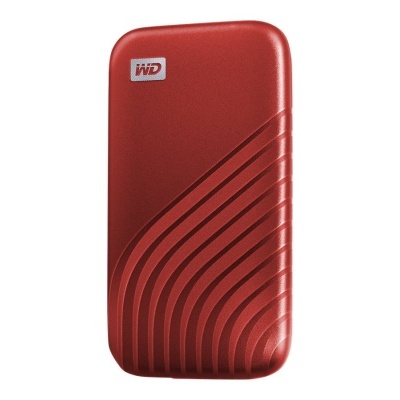 Disco rígido externo portátil vermelho com linhas em relevo e logótipo WD