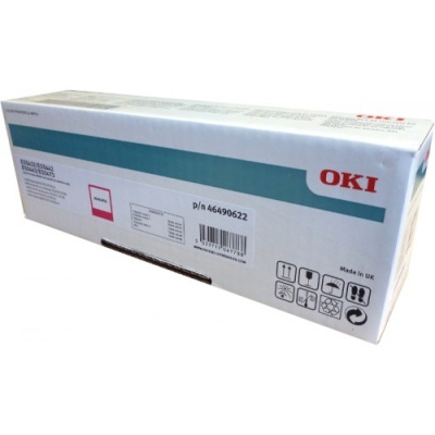 Caixa de toner OKI branca com faixa azul e texto vermelho