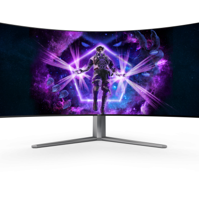 Monitor ultrapanorâmico curvo a exibir jogo digital com personagem futurista