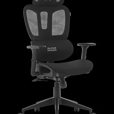 Cadeira de escritório ergonómica preta com tecido de malha e rodas