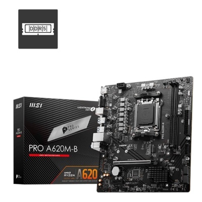 Placa-mãe MSI PRO A620M-B com caixa preta e detalhes em branco e laranja