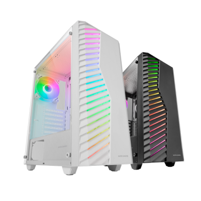 Dois computadores de secretária com gabinetes branco e preto e luzes LED coloridas.