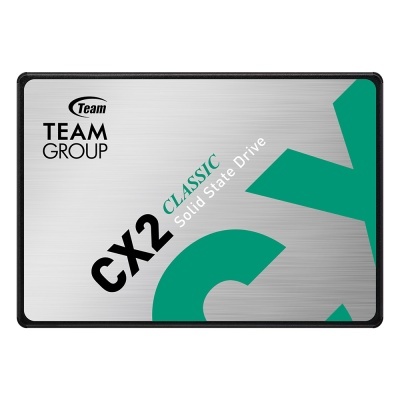 Disco SSD Team Group CX2 Classic com caixa prateada e texto verde e preto