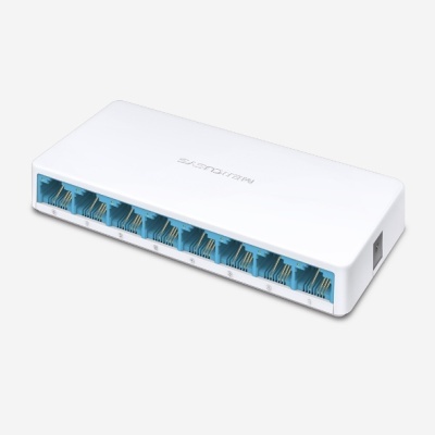 Interruptor de rede branco com 8 portas RJ45 azuis