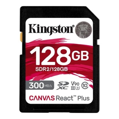 Cartão de memória SD Kingston 128GB com etiqueta branca e vermelha