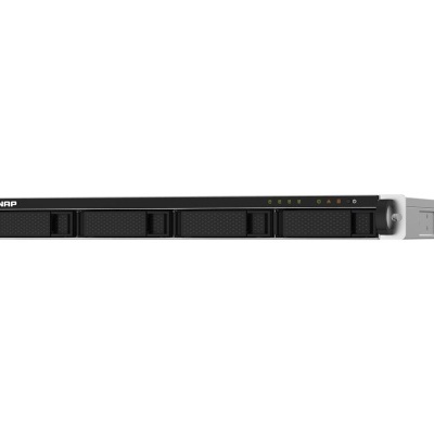 Servidor rack preto com quatro baias e indicadores LED.