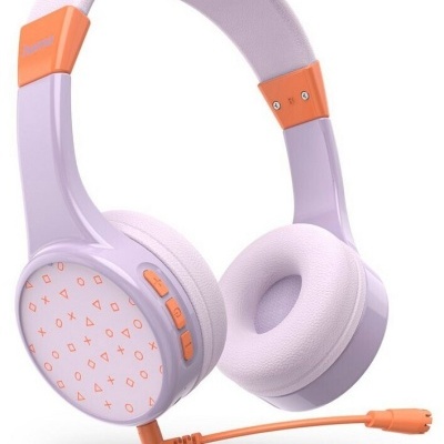 Auscultadores lilás com detalhes laranja e microfone