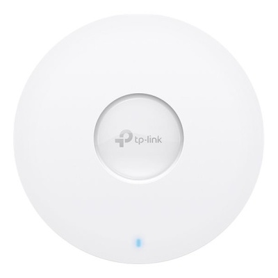 Dispositivo de rede circular branco da marca tp-link com indicador LED azul