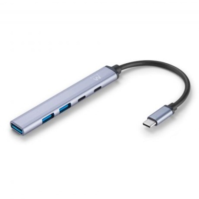 Hub USB-C prateado com três portas USB-A azuis e cabo curto preto