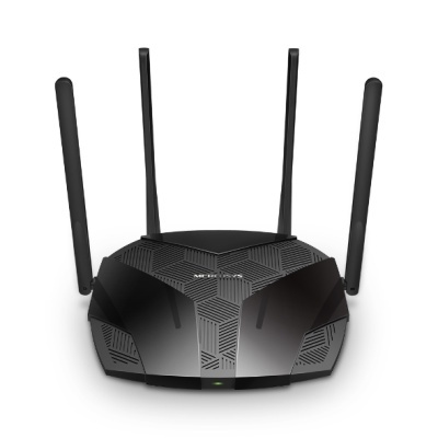 Roteador Wi-Fi preto com quatro antenas verticais e padrão geométrico
