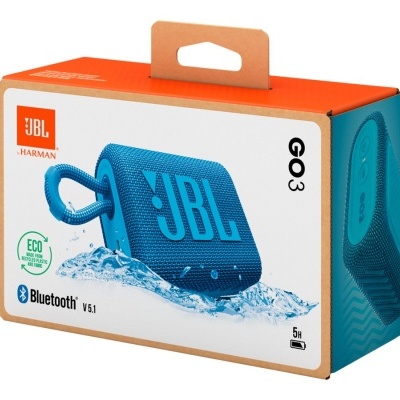 Embalagem da coluna portátil JBL GO 3 azul com carabina e selo ECO RECYCLABLE