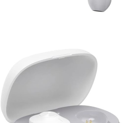 Auricular intra-auricular branco com estojo de carregamento aberto