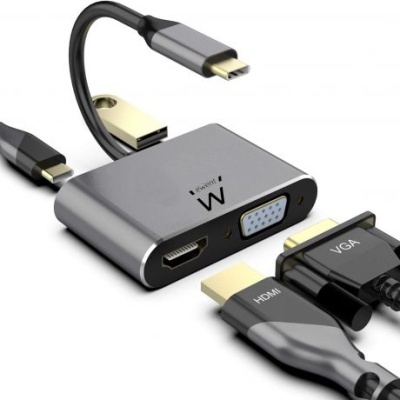 Adaptador multimodal cinza com entradas HDMI, VGA e USB com cabos em fundo branco