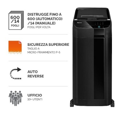 Fragmentadora de papel preta para escritório, descrições sobre capacidade e funcionalidades ao lado.