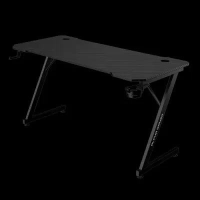 Secretária gaming preta com estrutura metálica e tampo estriado