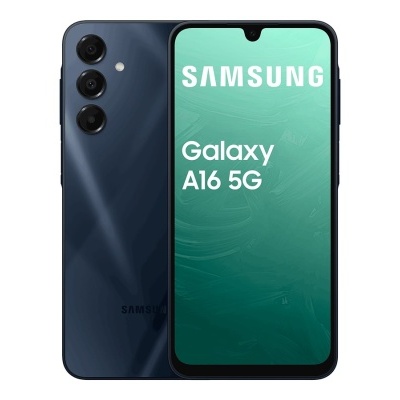 Smartphone Samsung Galaxy A16 5G azul com três câmaras traseiras e ecrã frontal com entalhe