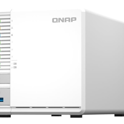 Dispositivo QNAP branco com LEDs coloridos e porta USB