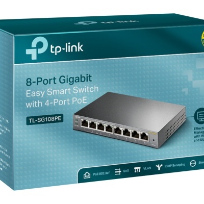 Caixa azul do switch TP-Link Easy Smart de 8 portas Gigabit com 4 portas PoE