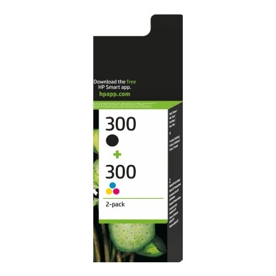 Pacote de tinteiros HP 300 preto e colorido na embalagem preta com texto promocional