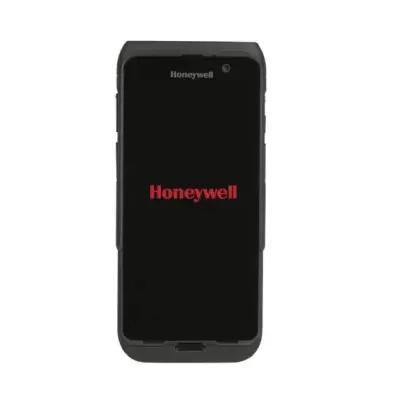 Smartphone preto com 'Honeywell' no ecrã em fundo branco
