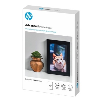 Embalagem branca de papel fotográfico HP Advanced Photo Paper com imagem de gato e vaso