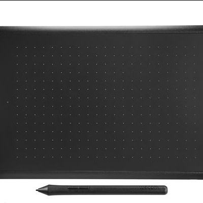Mesa digitalizadora Wacom preta com caneta e superfície pontilhada