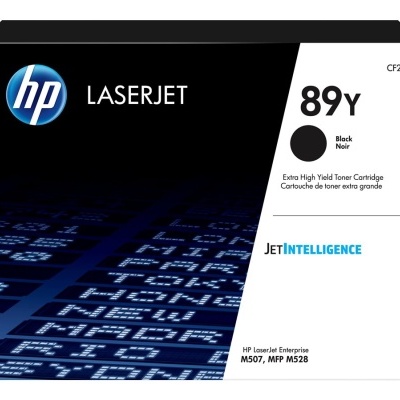 Caixa de toner HP LaserJet 89Y preta para impressoras HP com detalhes em azul e branco