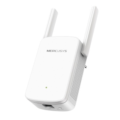 Repetidor Wi-Fi branco com 2 antenas e indicador LED verde