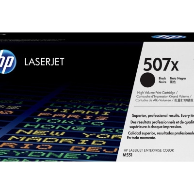 Caixa de cartucho de toner HP LaserJet 507X preta.