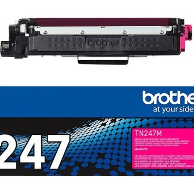 Cartucho de toner Brother TN247M e embalagem em azul, preto e rosa