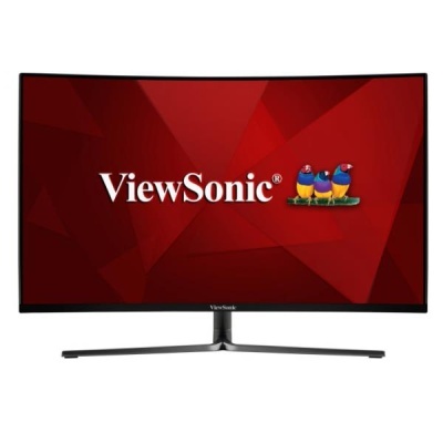 Monitor curvo ViewSonic com ecrã vermelho e logótipo colorido no centro