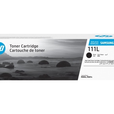 Embalagem de cartucho de toner HP 111L com design preto e branco e texto