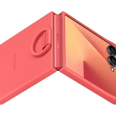 Smartphone dobrável coral com capa e duas câmaras traseras