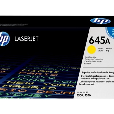 Caixa de cartucho de tinta HP LaserJet 645A amarela para impressoras 5500 e 5550