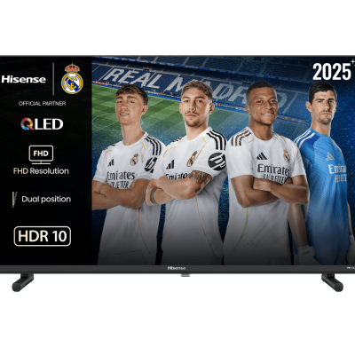 Televisor Hisense com imagem do Real Madrid e especificações técnicas