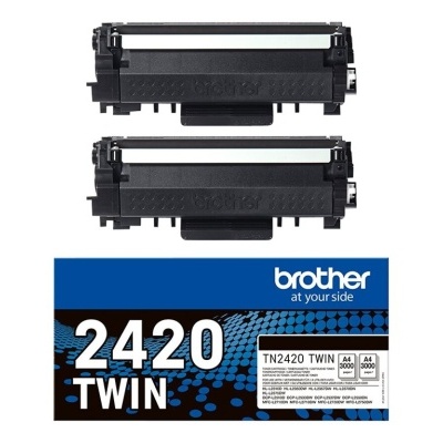 Dois toners de impressora pretos e uma caixa azul da Brother com o texto 2420 TWIN
