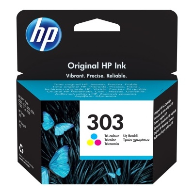 Embalagem de tinta HP 303 Tri-colour com borboletas azuis e folhas pretas